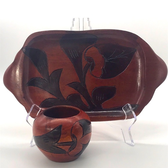 Vintage Floral Flower Wood Tray & Vase - Picture 1 of 13